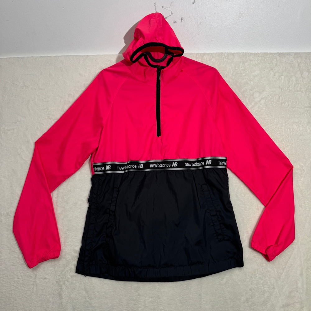 New Balance Windbreaker Womens Small Pink Black Half Zip Hooded Pullover Logo